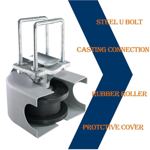 Heavy Duty Nylon Cantilever Sliding Gate Rollers Fits 4 Inch Posts And 2 Inch Chain Link Frames with rubber roller and steel U bolts.