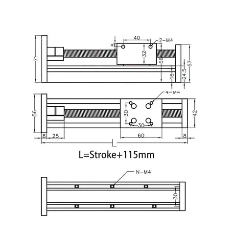 Precision Manual Linear Shaft Actuator Table Kit With Nema 23 57 Stepper Motor technical diagram showing dimensions and mounting details.