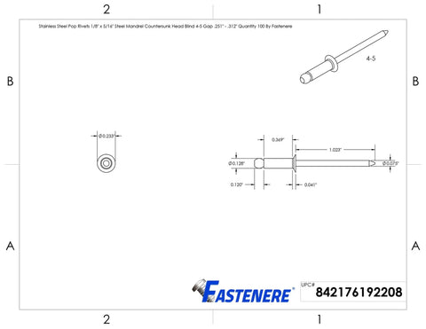 Heavy Duty Aluminum Pop Rivets Featuring Rock Solid Countersunk Heads And Tough Steel Cores For Quick Snug Connections Across Sheet Metal And Wood In A 100 Piece Snag Pack diagram with measurements and detailed views.