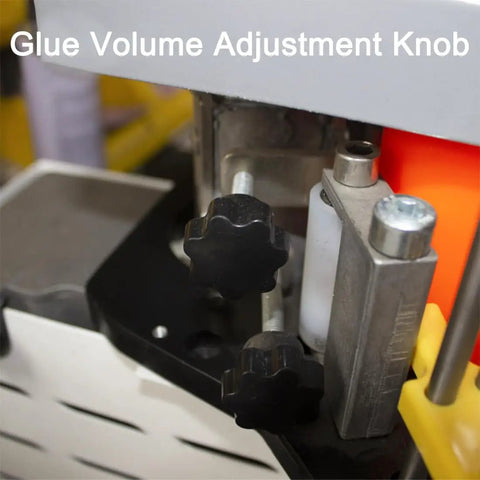 Close-up of glue volume adjustment knob on Portable Woodworking Edge Banding Machine With Double Glue System Curved And Straight Edge Banding Lightweight Desktop Friendly On The Go Ready With Intelligent Temperature Control For Consistent High Quality Finishes