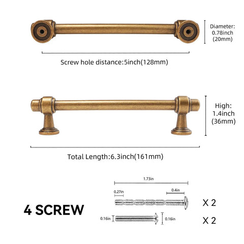 10 Pack Antique Brass Cabinet Pulls With 5 Inch Spacing Hella Tough Zinc Alloy Vintage Drawer Handles For Kitchen Cabinets And Bathroom Vanities Offering Top Shelf Aged Gold Finish with dimensions.