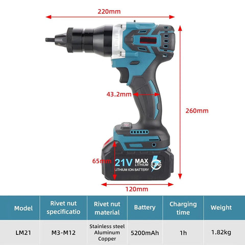 No Fuss Heavy Duty Cordless Rivet Nut Gun With Slick Lock Head and Bright LED showing dimensions and features for M3 to M12 jobs.