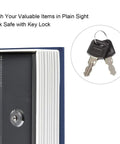 Hidden Book Safe With Key Lock And Dictionary Diversion Fake Book Safe For Cash And Valuables, small navy safe with keys shown.