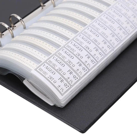 Top Tier 0402 Resistor Assortment Kit With 8500 Pieces And 170 Values labeled sample book opened showing organized resistors.
