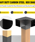 Heavy Duty Steel 3-Way Pergola Brackets Kit with black powder coat for 3.5x3.5 inch lumber, showing box shape and installation on wood post.