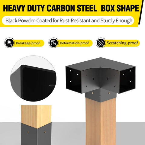 Heavy Duty Steel 3-Way Pergola Brackets Kit with black powder coat for 3.5x3.5 inch lumber, showing box shape and installation on wood post.