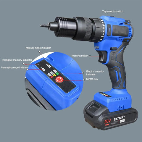 Pro Workhorse Cordless Rivet Nut Gun With Brushless Motor And Massive 4000 Mah Battery showing controls and battery details.