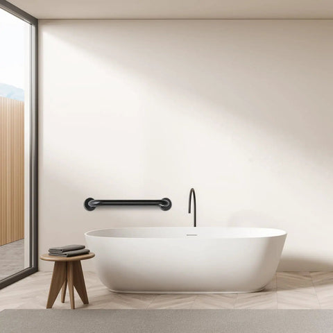 Built Different 24 Inch Matte Black Bathroom Grab Bars Two Pack Wall Mounted Safety Handles above a modern bathtub.