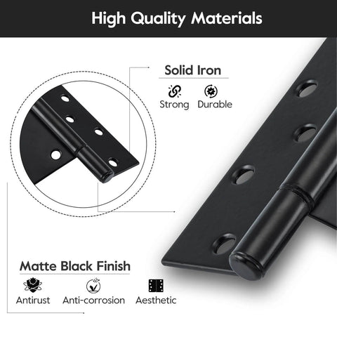 Detail view of 10 Inch T Strap Heavy Duty Shed Door Hinges Black with anti-corrosion matte finish and solid iron material description.