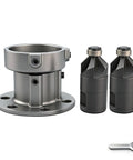 Heavy Lift Aluminum Alloy Grinder Chamfer Tool With Ergonomic Grip For Crisp Precision Tapering And Rock Solid Construction, parts including two cutter attachments and base.