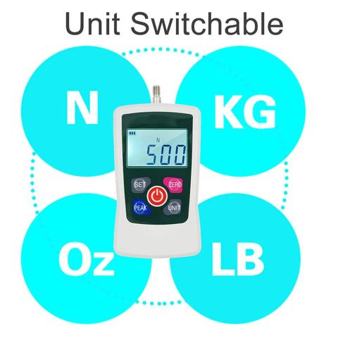 Rock Solid Digital Force Gauge With Dead On Accuracy showing unit switchable display of 500N, designed for tension and compression testing.