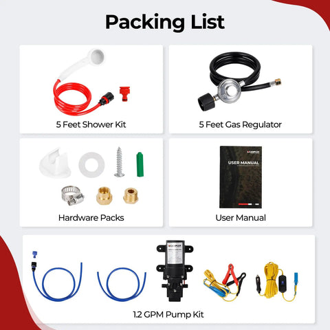 Portable Propane Water Heater And Pump Kit For Off Grid Camping And RVs, Instant Hot Water With Tankless Gas Shower System packing list