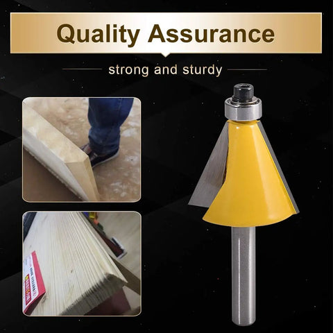 Dope Carbide Tipped Chamfer Router Bit 22.5 Degree Bevel Edging Bit With One Quarter Inch Shank, Cutter Width About 1.24 Inches And One Inch Depth For Woodworking Milling, Sharp Durable Edge displayed with sample woodwork.