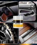 Collage of car areas with a jar of High Temperature Multi Purpose Car Lubricant for doors, bearings, hinges, sunroof tracks, 1 pack.