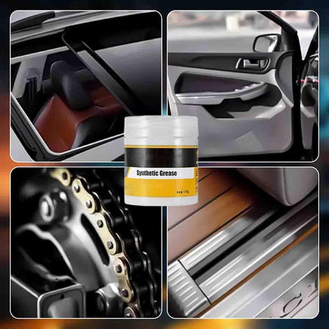 Collage of car areas with a jar of High Temperature Multi Purpose Car Lubricant for doors, bearings, hinges, sunroof tracks, 1 pack.