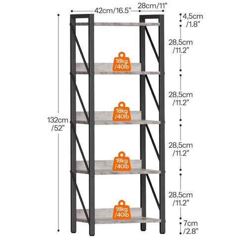 No Fuss Five Tier Industrial Bookcase With Sturdy Metal Frame And Secure Back Barrier Sweet Vertical Storage Organizer That Looks Dang Fine In Any Living Room Or Home Office Greige And Black, 132cm tall.