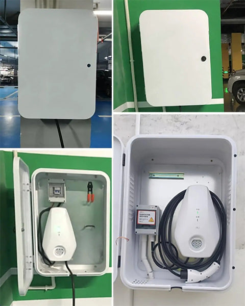 Send Cable Clutter Packing With This Heavy Duty Galvanized Steel Outdoor EV Charger Enclosure Box showing open view with EV charger inside.