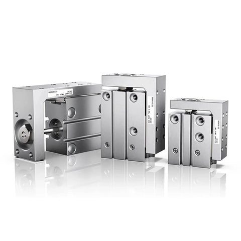 Precision Pneumatic Linear Guide Cylinder Featuring Rock Solid Side Rails And Heavy Duty Support Rods For Dead-On Alignment And Reliable Double Acting Motion A Shop Tough Compact Slide Actuator Engineered For Zero Drama Performance, showcasing three compact cylinders in silver.