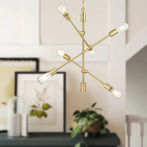 Two Pack Six Light Dope Modern Sputnik Ceiling Fixture Set in Gold Bronze Brushed Brass for dining room, with E26 LED compatibility.