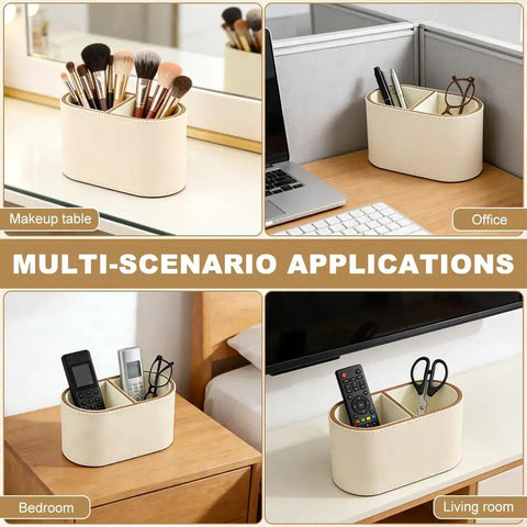PU Leather Desk Organizer Caddy With Two Compartments Remote Control Holder Pencil Cup Makeup Brush Holders on different surfaces