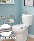 Built Tough 16 Inch Toilet Grab Bar Featuring Hefty Knurled Grip And Convenient Towel Hook For Senior Bathroom Safety And Dependable Standing Support Rust Resistant Stainless Steel Handrail next to toilet.