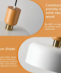 Modern Pendant Light With Natural Wood And Brass Accent, 12-Inch White Matte Shade Detail, Top View with Wood and Brass Fitting
