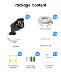 4 Pack 4K 8MP PoE Security Cameras Wired Bullet IP66 Waterproof Outdoor Indoor Surveillance Cams add-on packaging contents including cables, screws, and manual.