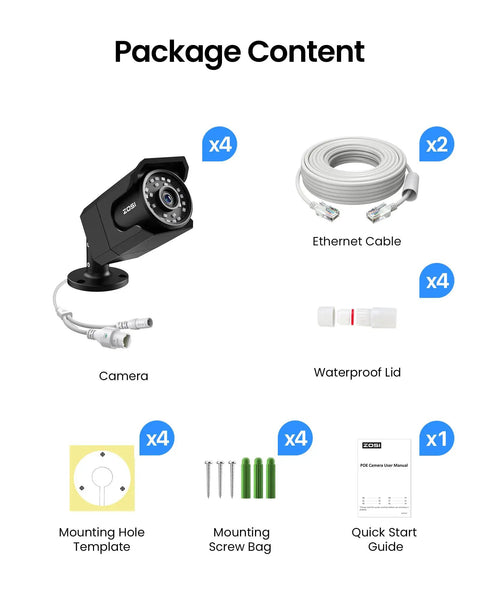 4 Pack 4K 8MP PoE Security Cameras Wired Bullet IP66 Waterproof Outdoor Indoor Surveillance Cams add-on packaging contents including cables, screws, and manual.