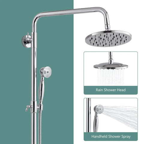 Dual Function Exposed Pipe Shower System with 8 Inch Round Rainfall Head, Brass Fixture, Polished Chrome Finish