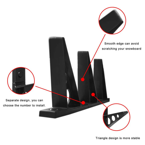 Beefy Wall Mounted Snowboard And Ski Rack showing smooth edges and stable triangle design for holding three boards securely.