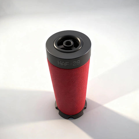 HAF28 Coalescing Filter Element Replacement 190845 For DeVilbiss 2 Stage System, red cylindrical design, top view