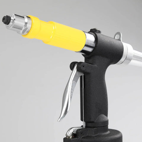 Premium Cordless Rivet Adapter Kit For Hand Tools With Easy Installation And Versatile Riveting Applications To Make Your DIY Projects Go Super Sleek And Smooth. yellow and black cordless drill rivet adapter with metal nose and trigger