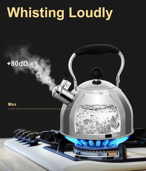 Stovetop Whistling Tea Kettle, 2 Quart Stainless Steel Pot boiling water on stove with steam, durable pour spout and easy grip handle.