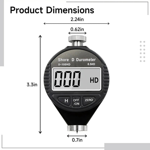 Digital Durometer Hardness Tester For Rubber Silicone And Plastic With 0-100 HD Scale Lightweight ABS Body Portable With Storage Case For Easy On Site Testing dimensions view, 3.3in tall