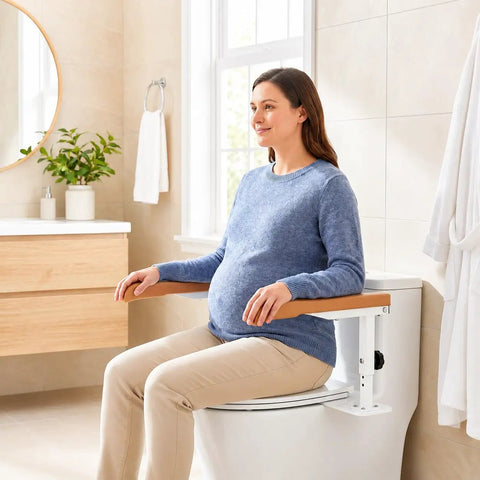 Adjustable Height Toilet Safety Rails For Seniors Boasting Top Shelf Handholds, shown in use by a pregnant woman for support.