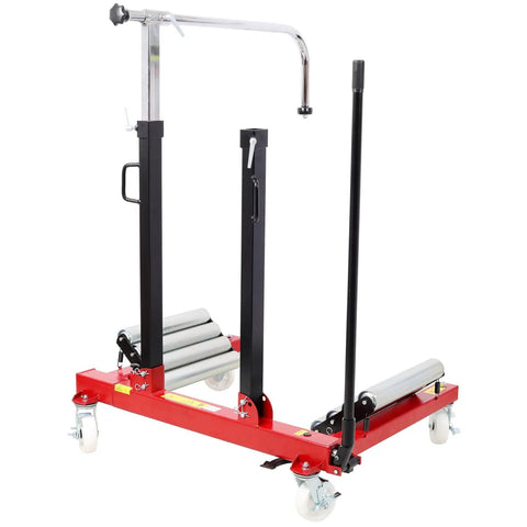 Heavy Duty Wheel Dolly Featuring Two Stage Hydraulic Pump With Four Heavy Duty Swivel Casters For Trucks And Tractors 2640 Lb Load Rating Steel Tire Cart Built Badass in black and red.