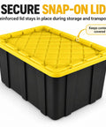 Heavy Duty 38 Gallon Storage Totes With Secure Snap On Lids 4 Pack Stackable Plastic Bins showing a reinforced yellow lid.