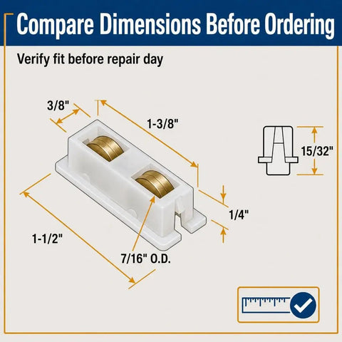 Top Shelf Sliding Window Roller Assembly Two Pack Featuring 7/16 Inch Brass Rollers With Sturdy Nylon Housing For No Sweat Snap Install and Slick Smooth Operation On Your Patio Doors And Glass Panels dimensions diagram with measurements.