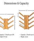 Dimensions and capacity of Premium Bamboo Surfboard Wall Rack Stashes Three Boards For Gnarly Garage Gear Stash.