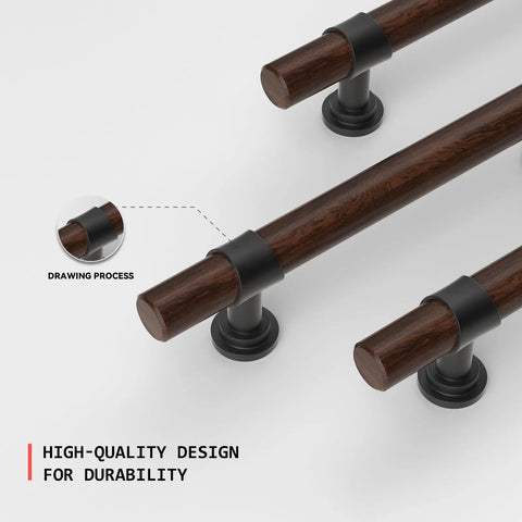 10 Pack 5 Inch Hole Center Cabinet Pulls With Authentic Wood Grain Look And Charcoal Black Zinc Body Designed With Heavy Duty Stainless Steel Construction Drawer Knobs That Feel Rock Solid And Next Level Hardware detailed view showing walnut wood and black zinc accents
