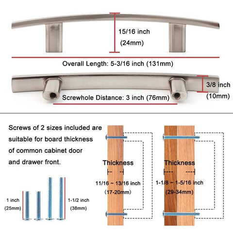 Top Tier Matte Black Cabinet Pulls And Drawer Handles 10 Pack Solid Metal kitchen hardware showing measurements and screw details.