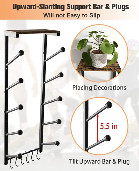Premium Quality Rad And Heavy Duty Skateboard Wall Mount Rack Featuring Five Tier Deck Storage Shelves and Hella Bottom Hooks for Helmets Pads Backpack Shoes Bags showing upward-slanting support bar with hooks.