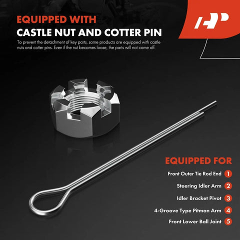Castle nut and cotter pin from Drop Dead Reliable 13 Piece Front Suspension Overhaul Kit for Chevy Silverado and GMC Yukon.