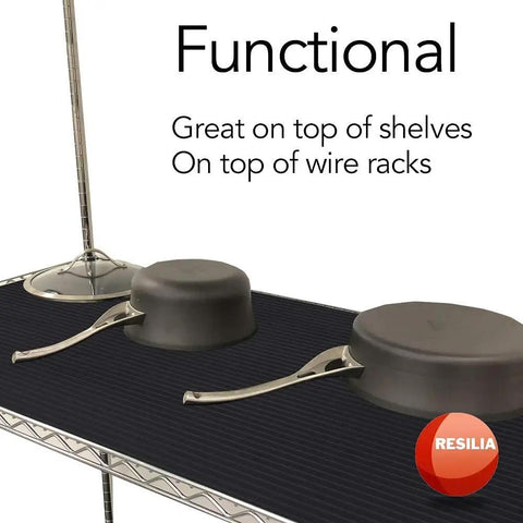 24 Inch Wide Black Plastic Utility Runner With Embossed Wide Rib Pattern on metal shelf with pans, Made In USA