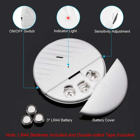 Ultra Slim Wireless Glass Break Alarm Sensor 125dB with components like indicator light, battery cover, and sensitivity adjustment