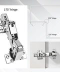 Slick Heavy Duty 175 Degree Soft Close Frameless Cabinet Door Hinges shown in 175° and diagram of hinge installation.