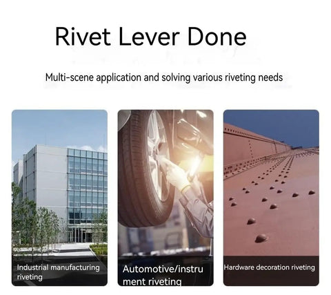 Rivet Lever Done showcasing industrial, automotive, and hardware decoration applications with Smooth Operator Cordless Pop Rivet Gun.