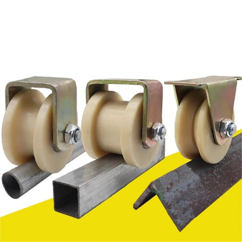 Single Nylon Groove Roller Wheel For Sliding Barn Doors Linear Track Pulley shown on metal tracks with smooth operation.