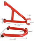 Front view of red steering spindles and swing arms for a 4WD Rear CV Axle Shaft Assembly Kit With Reverse Gearbox For DIY ATV Go Kart Quad Buggy.
