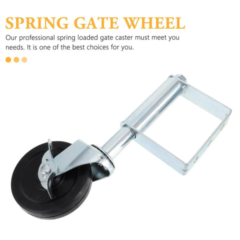 Spring Loaded Gate Wheels For Fences Heavy Duty Outdoor Casters Smooth Roll Design Works Like A Charm On Uneven Ground close-up view showing steel frame and rubber wheel.